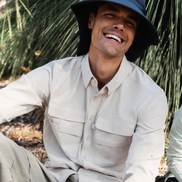 Man wearing Solbari hat and adventure shirt.