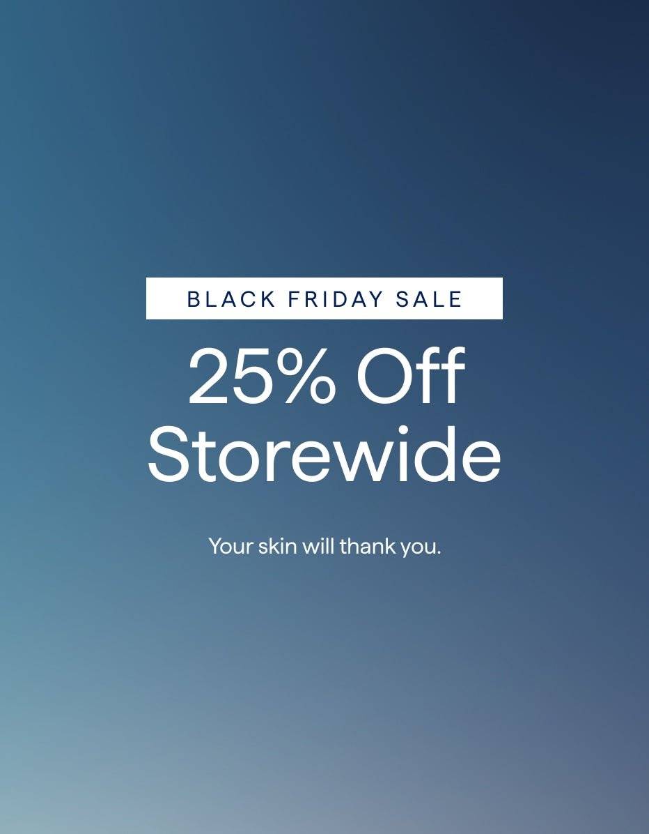 Black Friday sale advertisement with 25% off storewide offer on a blue gradient background.