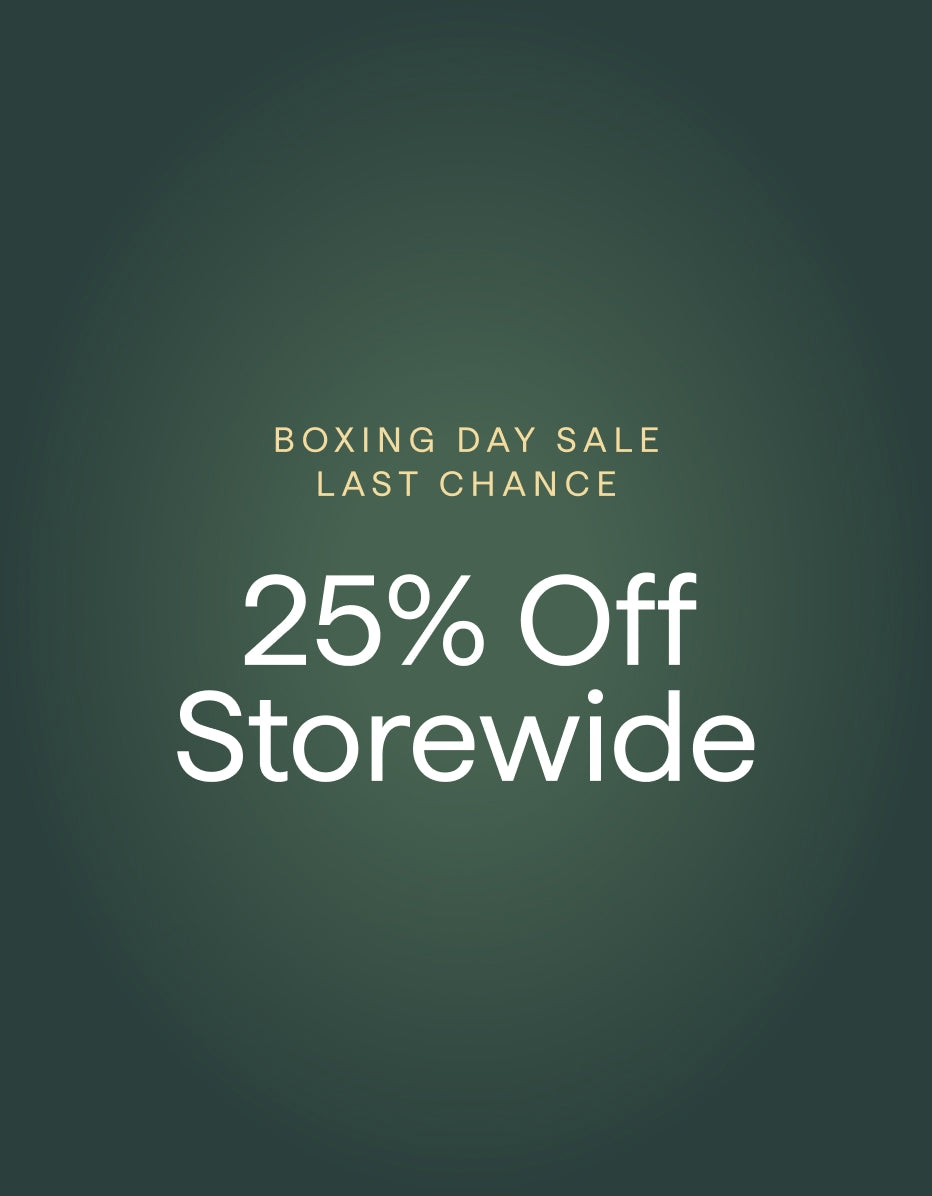 Promotional text for Boxing Day sale with 25% off storewide on a dark green background.