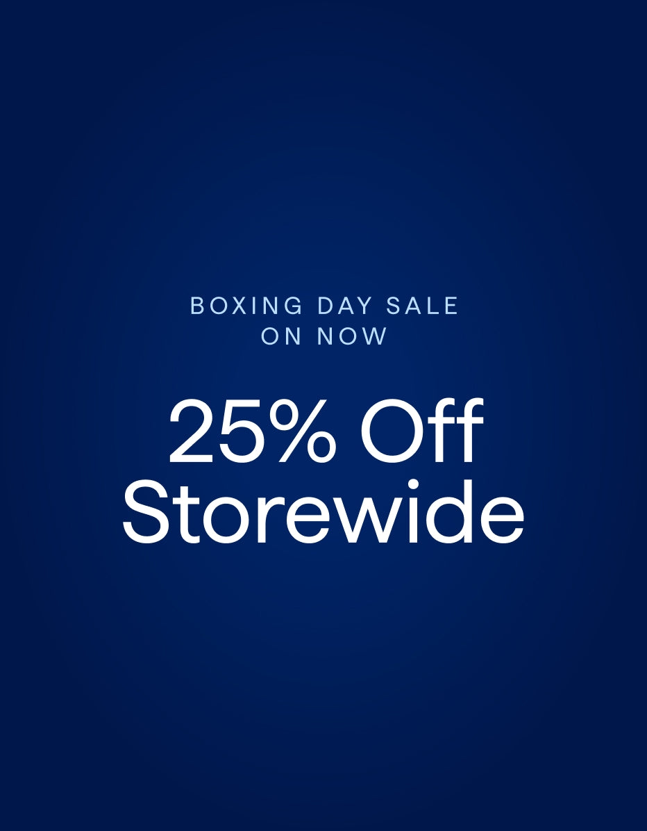 Promotional text for Boxing Day sale with 25% off storewide on a blue background