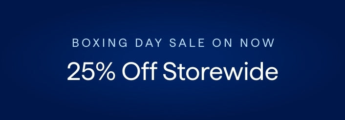 Promotional text for Boxing Day sale with 25% off storewide on a blue background