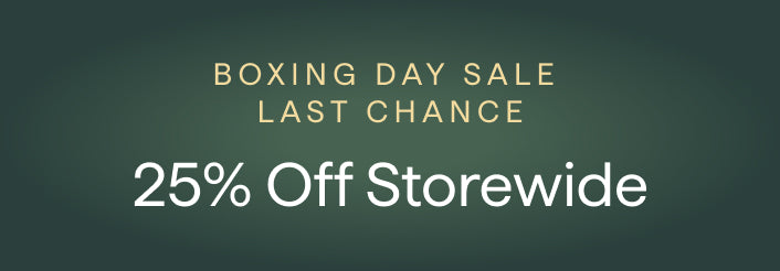 Promotional banner for Boxing Day sale with text '25% Off Storewide' on a dark green background.