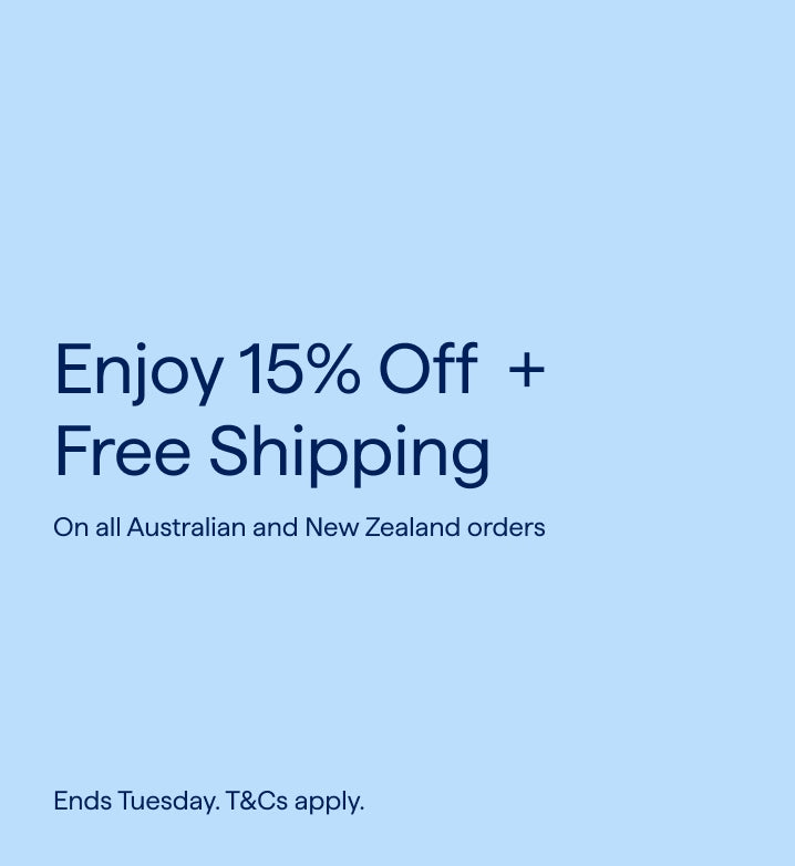 A light blue banner with text about 15% off plus free shipping on Australian and New Zealand orders.
