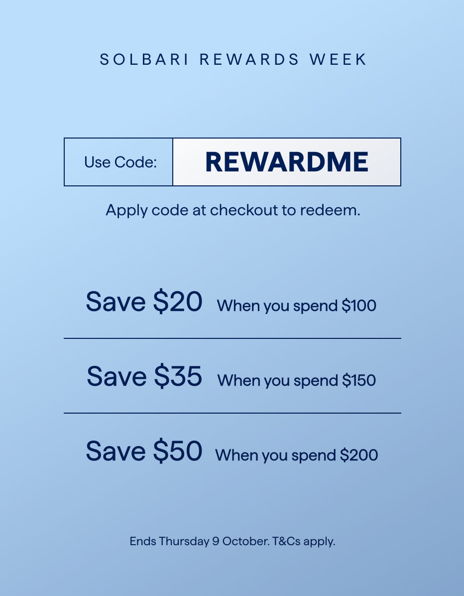 Promotional flyer for Solbari Rewards Week with savings details on a blue background