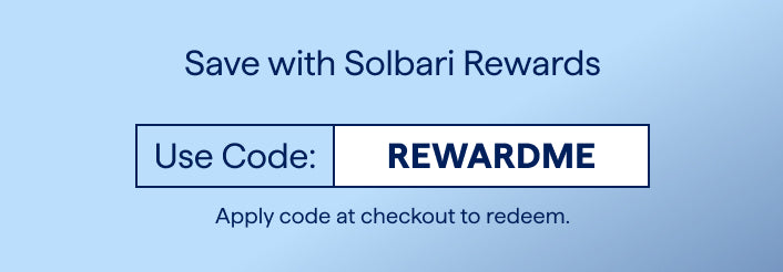 Promotional banner for Solbari Rewards with a code to redeem on a blue background