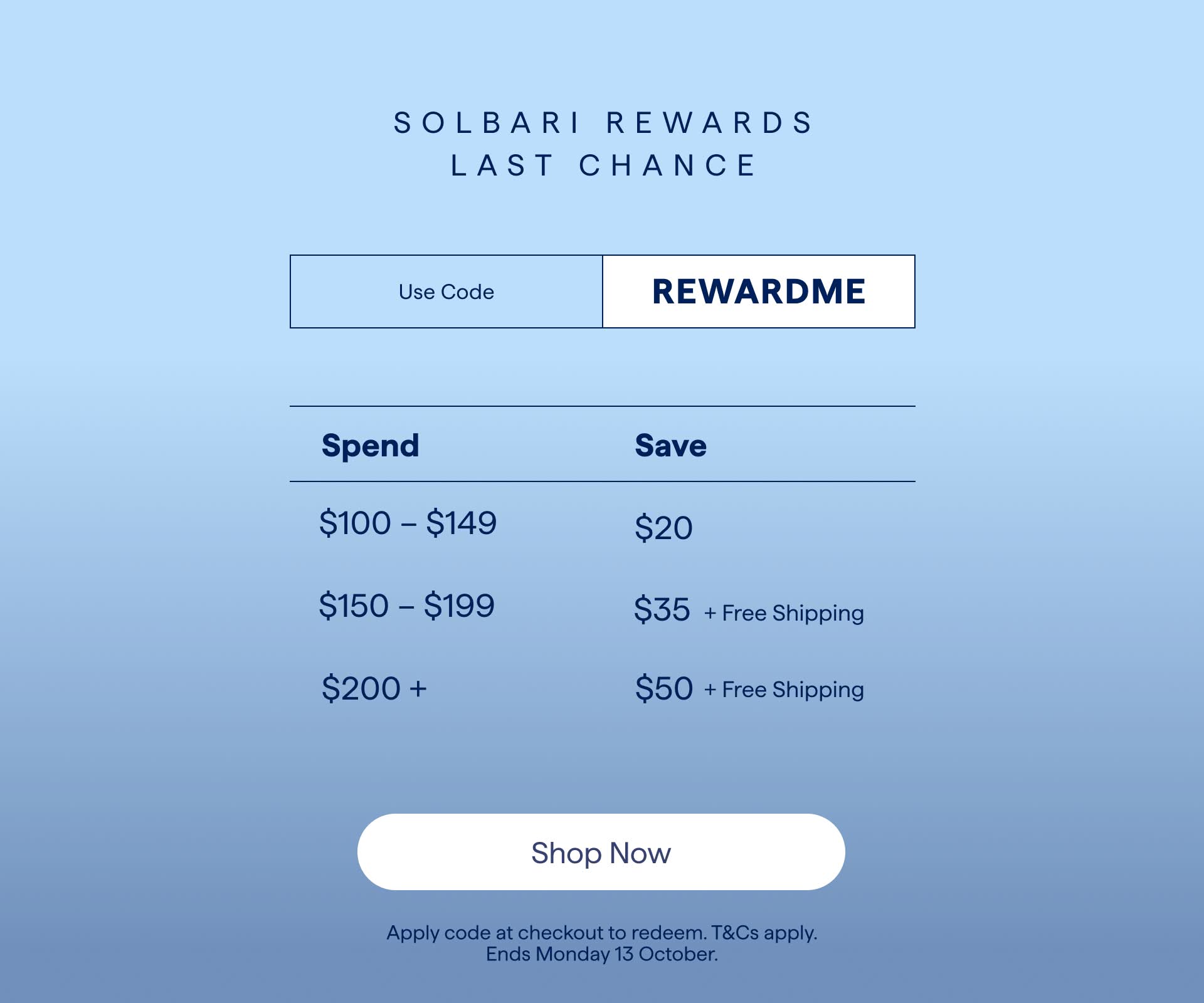Solbari Rewards Last Chance to save. Ends Monday 13th October.